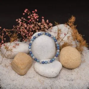 JBRC1019 — THE BLUE HOUR: Blue and white stone-set beads bring a cool palette and an evenly spaced sparkle to THE BLUE HOUR.