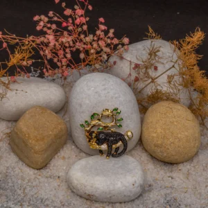 THE PANTHER’S REIGN panther brooch displayed among stones and dried flowers
